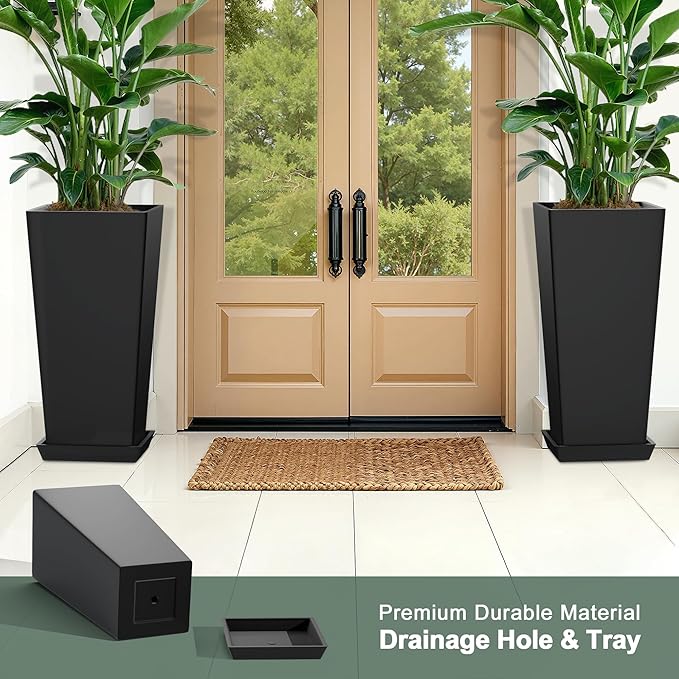 24" Set of 2 Tall Planters, Large Outdoor Flower Pots with Drainage Tray Modern Indoor Tapered Planter for Patio, Garden, Front Porch, Backyard (Black)