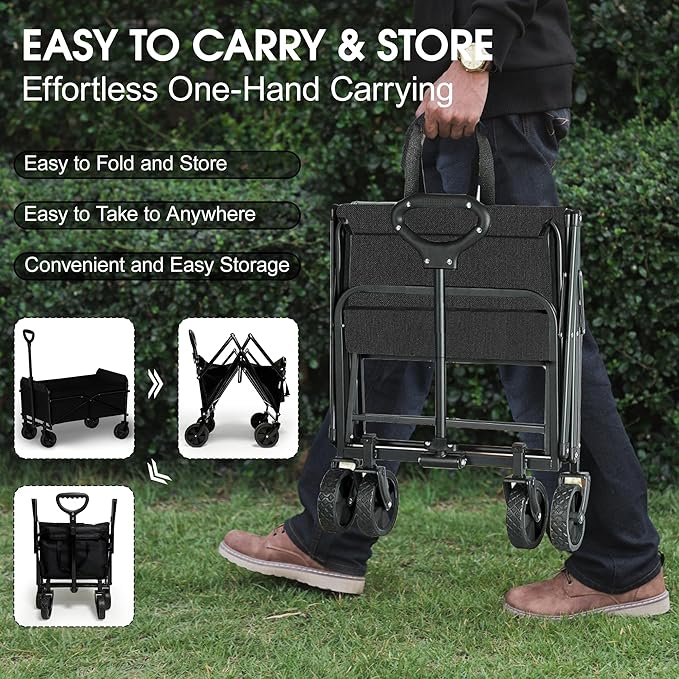 Highpro Collapsible Wagon Carts Foldable, Heavy Duty Beach Folding Wagon Cart with Wheels, Portable Grocery Garden Cart for Outdoor, Sports, Shopping, Camping, Black