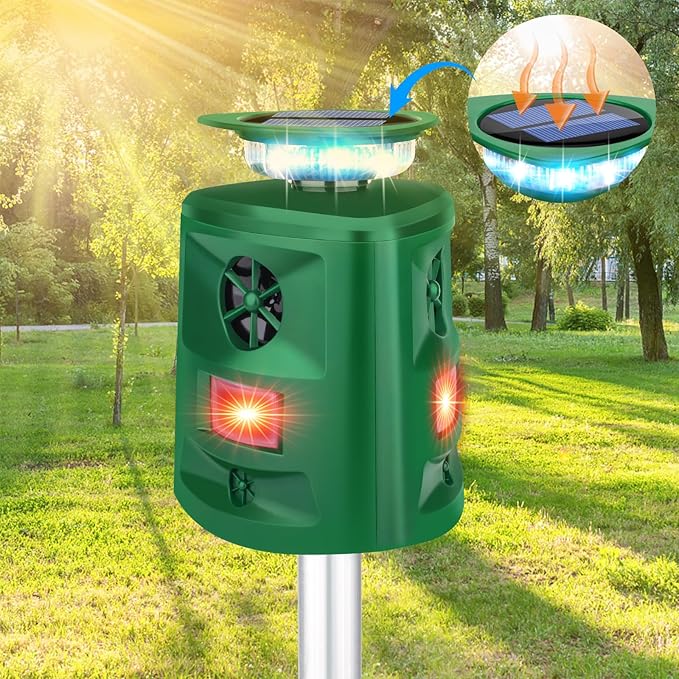 Deer Repellent Device Ultrasonic Solar Animal Repeller,360 ° Squirrel Repeller Outdoor with Motion Sensor & Flashing Light,Racoon Repellent Outdoor Repel Fox Rabbit Squirrel Raccoon Skunk-Dark Green