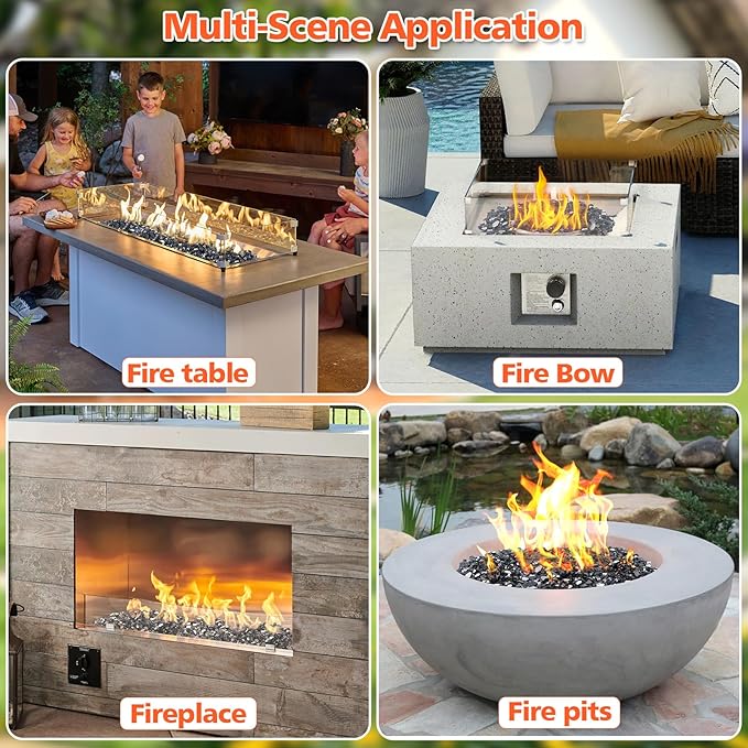 Mesida Fire Glass for Propane Fire Pit - 10 lb Reflective High Luster Glass Rocks, Black 1/2-Inch Fire Pit Glass for Indoor/Outdoor Fireplace & Fire Table, Tempered Decorative Firepit Rocks