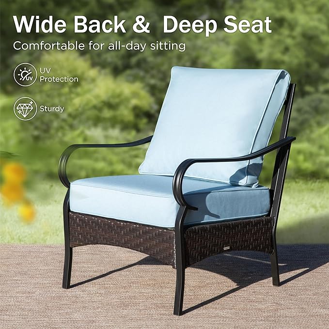 PHI VILLA Outdoor Modern Patio Furniture Set, Upgraded Wicker&Metal Patio Furniture Conversation Set with Waterproof Thick Cushions for Porch, Poolside, Deck, and Yard (4 Pieces,Blue)