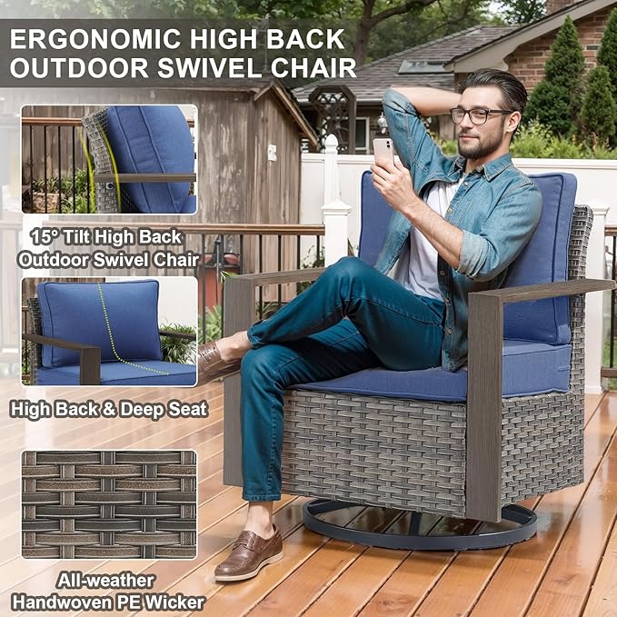 Belord Outdoor Swivel Rocker Chairs Set of 2 with Metal Wide Armrests, 3 Piece Patio Bistro Wicker Chairs with Side Table, Comfort Glider Furniture for Porch, Deck, Sunroom, Backyard