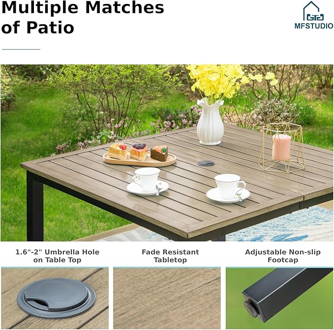 MFSTUDIO 42" Square Outdoor Dining Table, Patio Furniture Wood-Like Tabletop with Adjustable Umbrella Hole for Deck,Backyard,Lawn,Garden