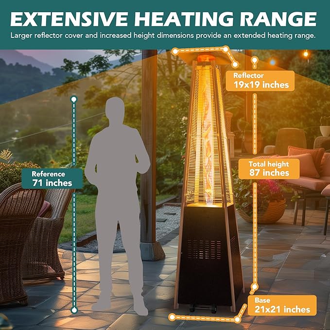 48,000 BTU Flame Pyramid Pool Heater With Cover, Triple Safety Protection with Patio Cover, Warm Glass Tube Portable Heater with Durable Wheels - Gray