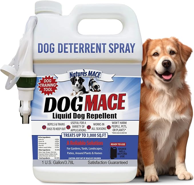 Nature’s MACE Dog Mace Repellent Spray, Keep Dogs Out of Your Lawn and Garden, Training Corrector, Stop Chewing and Digging, Safe Around Kids, Pets, & Plants, 1 Gallon Ready to Use, Treats 3,000 Sq Ft