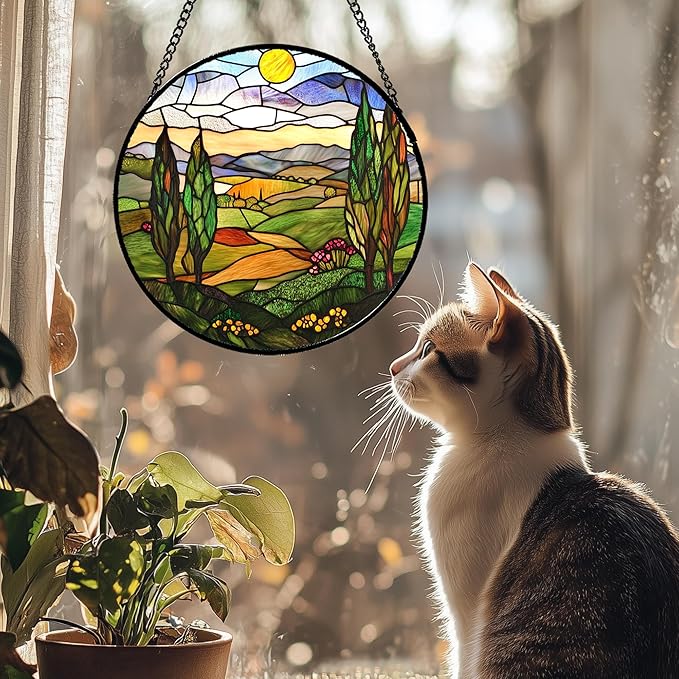 QZQCBLC Stained Glass Window Hanging Golden Sun Mountain Landscape 6.3" - Suncatcher Door Garden Sun Catcher Home Decor Birthday Christmas for Mom Men Woman Nana Friend