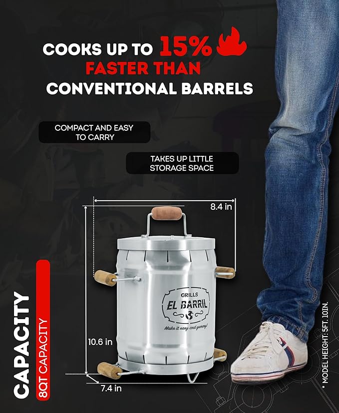 EL BARRIL 13lbs Grill & Smoker Barrel, Stainless Steel Charcoal Smoker Grill – Portable Outdoor Smokers with Grilling Accessories & Carry Bag