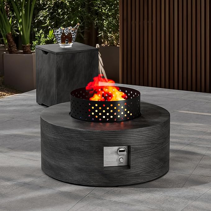 30" Round Propane Fire Pit Table - 50K BTU with Lid, Rocks Tank Storage and Cover - Round Gas Fire Pits for Outside Patio - Outdoor Table with Firepit (Charred Oak, 30" Round)