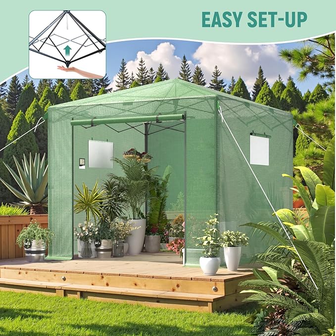 Pop Up Greenhouse, 10x10 FT Pop Up Green House for Outdoors, Portable Greenhouses, Walk-in Greenhouses, Popup Greenhouse Kit, Easy Set Up