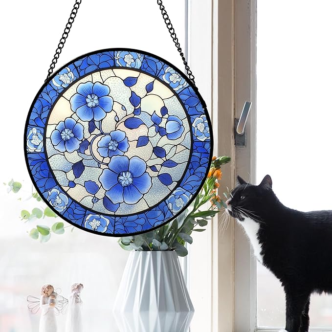 AMDERVEN Stained Glass Window Hanging, Blue and White Plum Blossom Sun Catcher for Door Home Decor Flowers Suncatcher Christmas Mother's Day Birthday Gifts for Women Men Mom and Nana 9.8 in