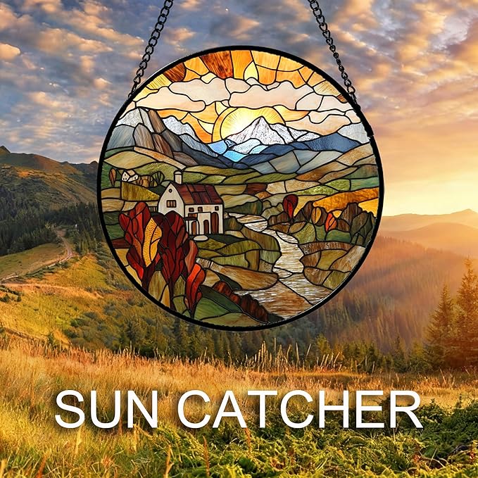 QZQCBLC Stained Glass Window Hanging Farm Pastoral Scenery 7.8" - Sunrise Suncatcher Door Garden Sun Catcher Home Decor Birthday Christmas for Mom Men Woman Nana Friend Wife