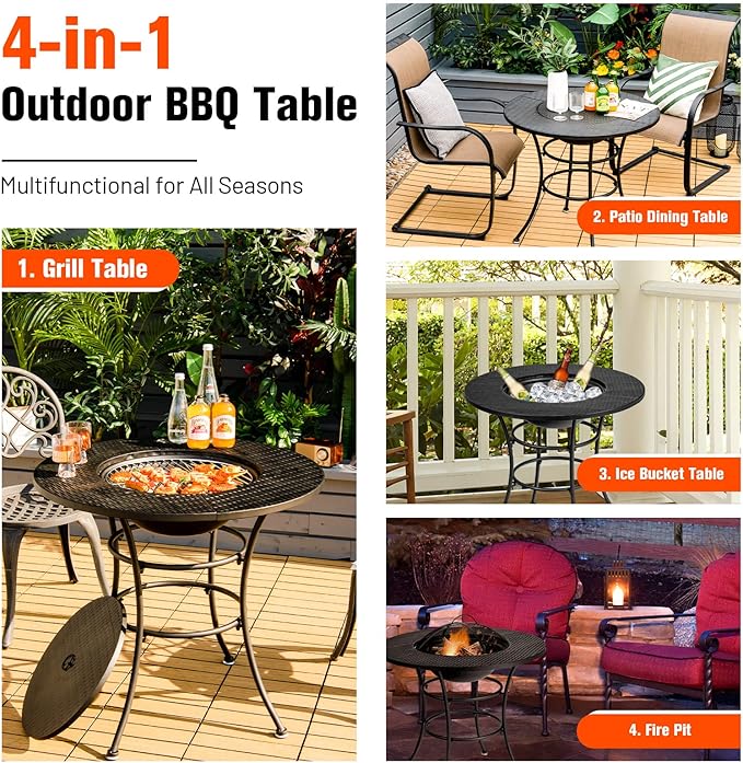 Tangkula 32 Inch Outdoor Fire Pit Dining Table, 4-in-1 Round Wood Burning Fire Pit Bowl, Patio Steel Firepit for BBQ, Bonfire, Camping, Includes Fire Poker, Cover, Grill, Log Grate, Spark Screen Cover