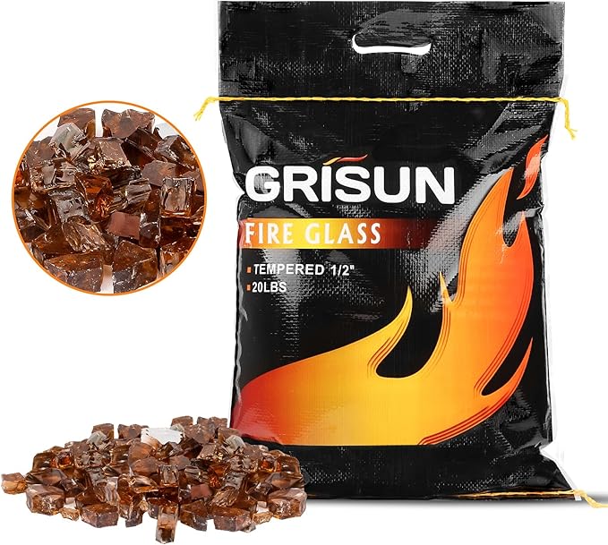 GRISUN 20 lbs Copper Fire Glass for Fire Pit, 1/2 Inch High Luster Reflective Fire Pit Glass for Natural or Propane Fireplace, Fire Table, Safe for Outdoors and Indoors Tempered Glass Rocks