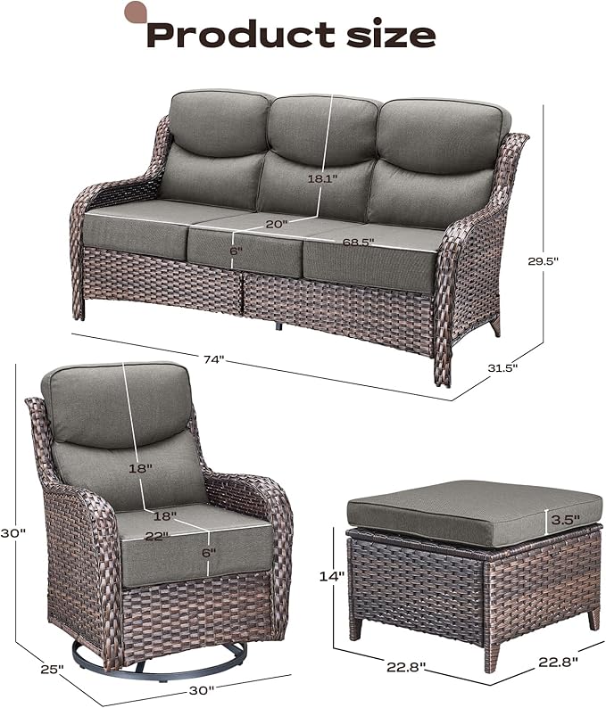 Rilyson Wicker Outdoor Patio Furniture Set - 5 Piece Patio Conversation Sets with Swivel Rocker Chairs, Ottomans and Sofa, 6 inch Cushions, Waterproof Wicker, for Porch Deck Brown/Grey