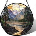 AMDERVEN Stained Glass Window Hanging, Sunset Mountains Lake Tree Sun Catcher for Window Home Decor Landscape Suncatcher Mother's Day Birthday Gifts for Women Men Mom and Nana 6.3 in