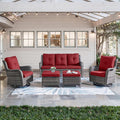Belord 5 Piece Outdoor Patio Furniture Set - Wicker Furniture Patio Conversation Set, Outdoor Swivel Rocker Chairs with 3-Seater Sofa and 2 Ottomans for Small Space, Red Cushion