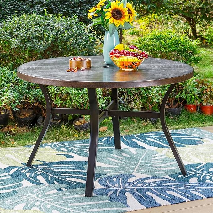 PHI VILLA 44 Inch Large Metal Round Table for 4, Wood-Like Top Patio Table with Umbrella Hole, Large Modern Furniture for Deck, Porch, Yard - Black