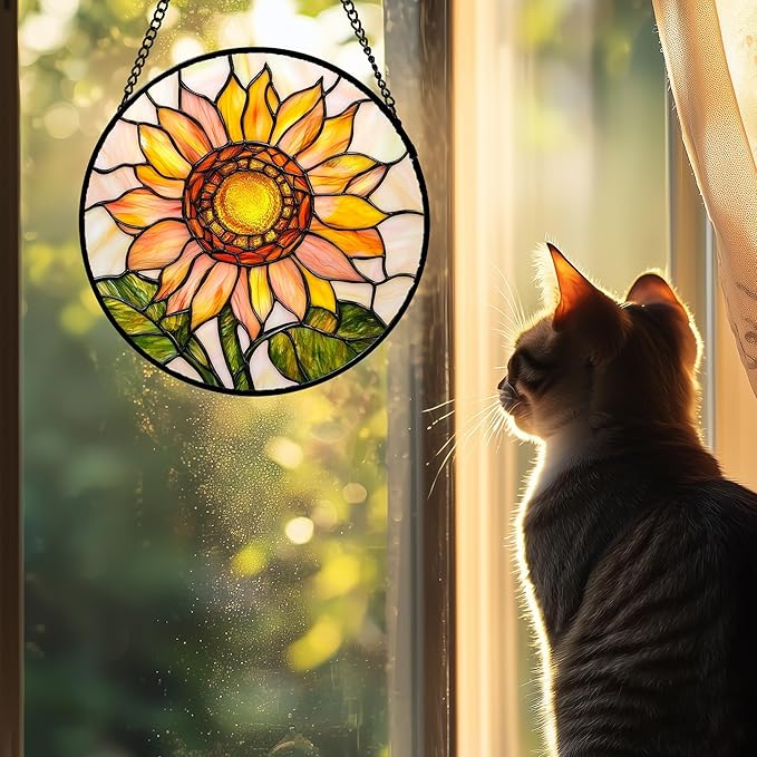 AMDERVEN Stained Glass Window Hanging 4 Pcs Set Lily Rose Sunflower Poppy 6.3" - Flower Suncatcher Door Garden Sun Catcher Decor Birthday Mother's Day for Wife Woman Nana Girl