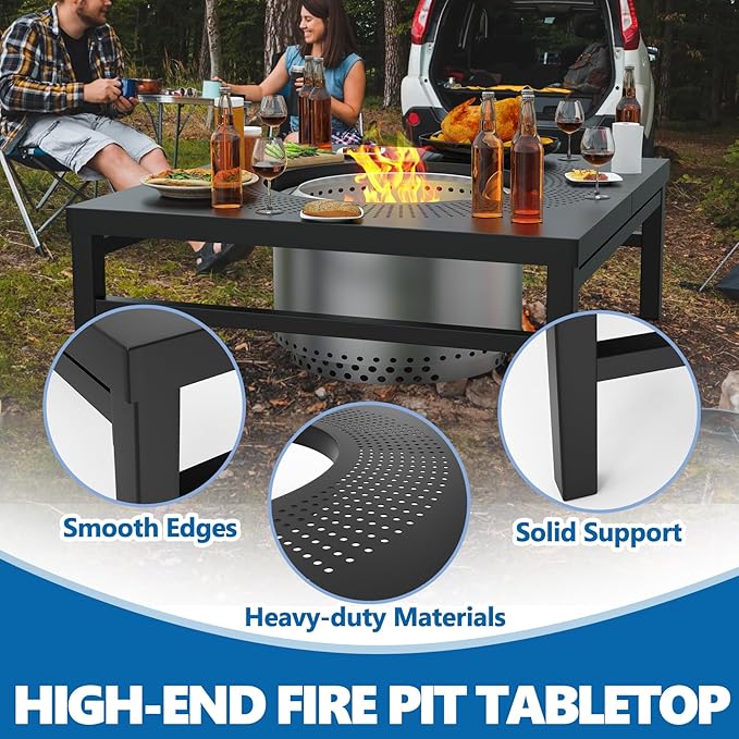 SafBbcue Fire Pit Surround Table for Solo Stove Bonfire/Ranger Accessories, 38" Fire Pit Table for Smokeless Patio Fire Pit, Firepit Surround Tabletop for Solo Stove Bonfire with Waterproof Cover