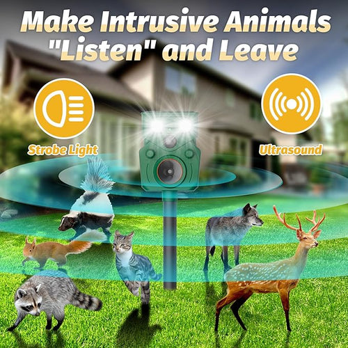 2 Packs Ultrasonic Animal Repeller Solar Powered, Cat Repellent Outdoor with Motion Sensor, Waterproof Deer Repellent Devices with LED Flash Light, Effective Repel Invasive Animals to Protect Yard