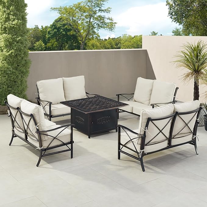 Oakland Living Black Aluminum Patio Fire Table Set with Four Deep Seating Loveseat with Cushions