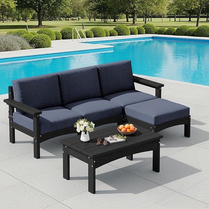SERWALL 5-Piece Patio Sofas, All-Weather HDPE Outdoor Sectional Sofa with Cushions and Coffee Table, Large Modular Patio Conversation Set for Garden, Lawn, Deck, Porch, Black Frame with Grey Cushion