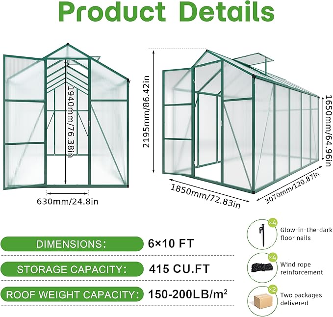 Greenhouse for Outdoors 6.1x10.1x7.2 FT, Polycarbonate Greenhouses with Roof Vent, Lockable Door and Ground Nails, Heavy-Duty Aluminum Walk-in Green House, Large Sunroom for Garden, Green
