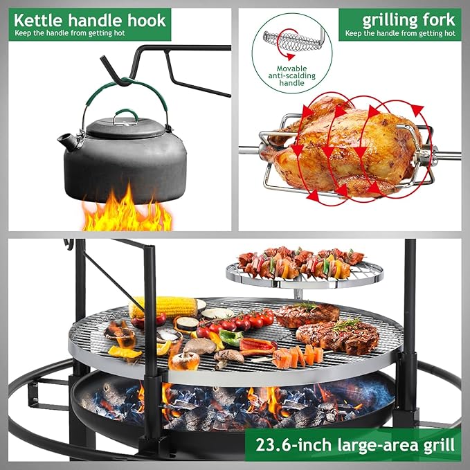ROVSUN 33'' Outdoor Fire Pit with 2 Grills, Wood Burning Round Firepit with Swivel Cooking Grate, Removable Swivel Grill for Backyard, Patio, Picnic, BBQ and Parties
