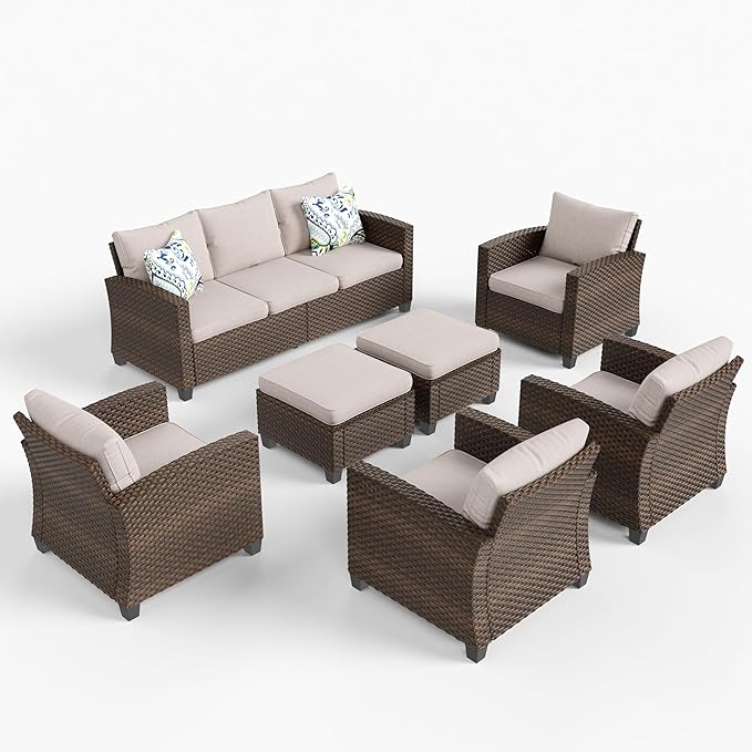 HERA'S HOUSE Wicker Patio Furniture Set, 7 Pieces Outdoor Seating Furniture, Patio Conversation Sofa Sets with Ottomans for Backyard Lawn Deck, Beige