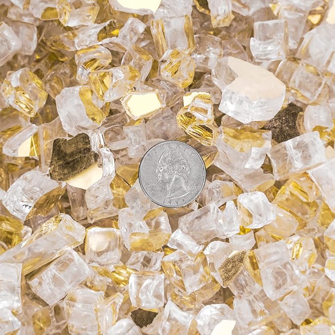 Onlyfire 10 pounds Fire Glass for Propane Fire Pit and Gas Fireplace, 1/4 Inch Reflective Firepit Glass Rocks for Fire Pit Table and Fire Bowl, High Luster Gold