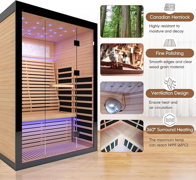 2 Person Infrared Sauna Home Indoor Sauna Canadian Hemlock Wooden Dry Sauna Room Low EMF 2160W with Oxygen Bar, 7 Color Therapy 53.1" x 47.2" x 74.8"