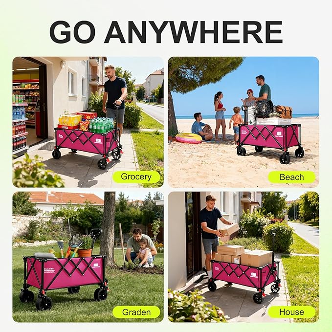 Collapsible Wagon with Wheels,Wagons Carts Foldable Wagon Cart with Flexible Handle, Lightweight Portable Folding Utility Grocery Shopping Cart for Grocery Sports Garden Camping(Pink)