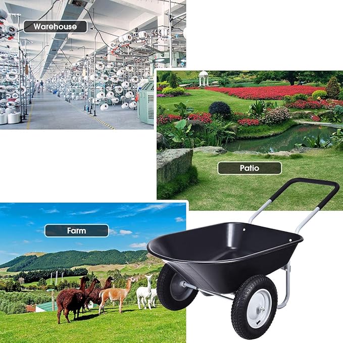 Goplus Dual Wheel Wheelbarrow, Heavy Duty Garden Cart, 330 lbs Capacity Utility Cart with Two 13 inches Pneumatic Tires for Outdoor Lawn Yard Farm Ranch Black