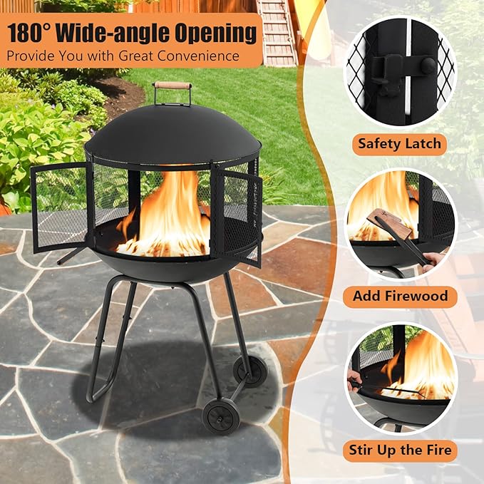 Tangkula Portable Fire Pit with Wheels, 28 Inch Wood Burning Fire Pit with Log Grate, Poker, Rolling Patio Fireplace Wooden Bonfire Firepit for Outdoor Entertaining Black