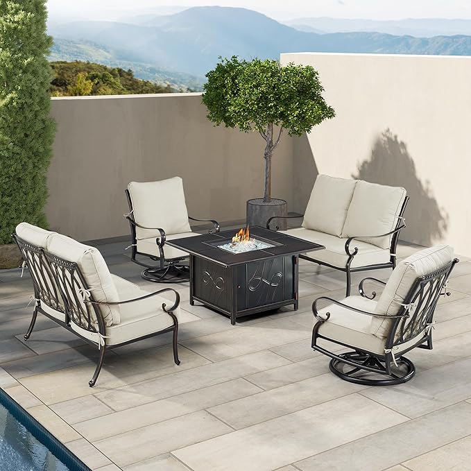 Oakland Living Black Aluminum Patio Fire Table Set with Two Deep Seating Loveseat, Two Club Chairs, Cushions and Wind Blocker