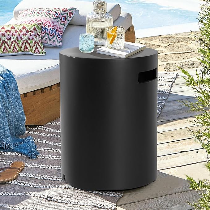 Propane Tank Cover Table - Outdoor Tank Covers Concrete Gas Tank Box - 20 LB Modern Cover Tables with Side Handle - Concrete Hideaway Holder for Patio or Deck - Black&Round