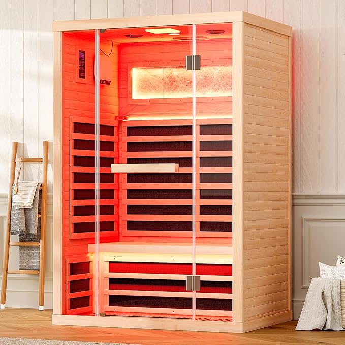 Albott Infrared Sauna 2 Person, Infrared Saunas for Home, Low EMF 1463W/110V Hemlock Wood Dry Sauna with Tourmaline Foot Warmer, 7-Color Light Therapy & Salt Crystal Bricks, 47.2"x34.2"x70.9"