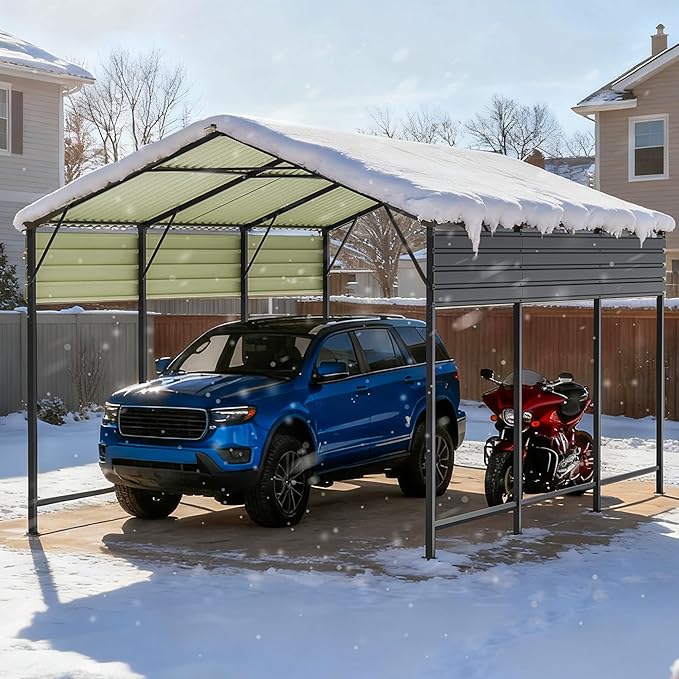 Greesum 10x15FT Metal Carport with Heavy Duty Frame and Galvanized Steel Roof, Vertical Carports with Side Support Rods, Canopy Shelter for Car, Pickup Trucks, Boats and Tractors, Party, Gray