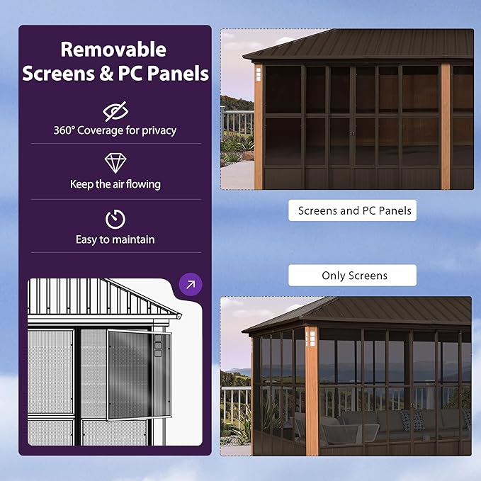 PURPLE LEAF 12' X 20' Outdoor Sunroom Hardtop Gazebo with Enclosed Solarium Galvanized Metal Roofs Patio Wood Grain Aluminum Frame with Screens and Doors for Hot Tub Garden House Bronze