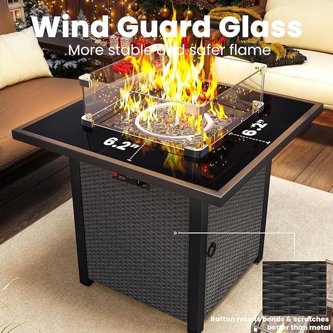 Propane Fire Pit Table, Outdoor Fire Pit Table, 28" Rattan Square Outdoor Gas Fire Pit with Glass Wind Guard, Tempered Glass Tabletop, Lid, CSA Listed, 50,000 BTU for Outside Patio Deck & Garden,Black