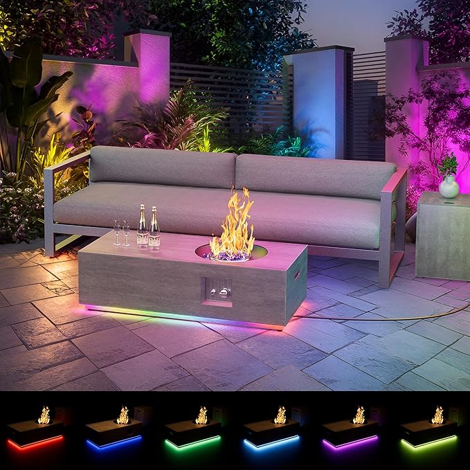 Dineli 2-Piece Outdoor Propane Fire Pit Table Set w Tank Table 48'' Rectangular Firepit Gas Fire Pits for Outside Patio Tabletop Fire Pits w LED, 50,000 BTU (Gray with RGB Light)