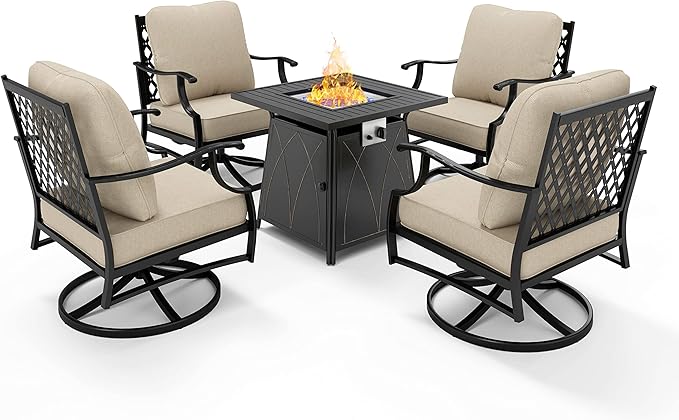 HERA'S HOUSE 5 Pieces Fire Pit Patio Furniture Set, 4 x Thick Cushioned Swivel Chairs with 28" Fire Pit Table (50,000 BTU), Outdoor Conversation Set for Garden, Backyard, Lawn