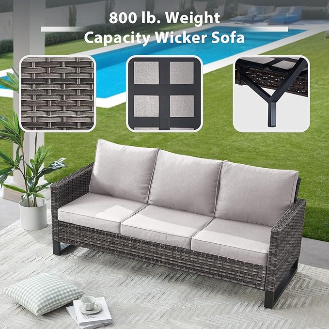 9 Piece Wicker Patio Furniture Set - Outdoor Swivel Rocker Chairs Set with Coffee Table, Rattan Chairs, 3 Seat Sofa & Ottomans, Patio Conversation Sets for Bcakyard Deck - Grey/Beige