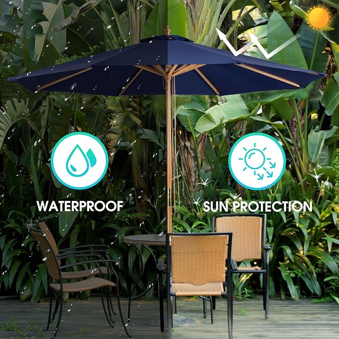 9ft Bamboo Umbrella, Outdoor Patio Umbrella, Waterproof Market Umbrella, 8 Ribs Table Umbrella with Pulley Lift for Garden, Deck, Pool, lawn, Backyard