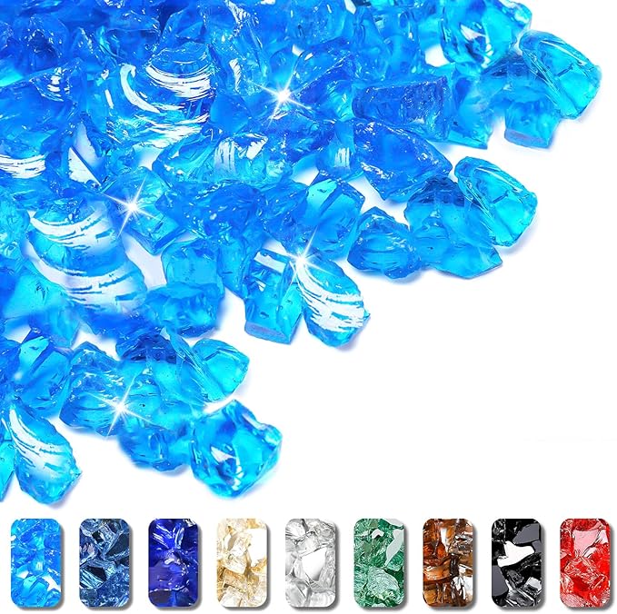 GRISUN Caribbean Blue Fire Glass for Fire Pit - 1/2 Inch Tempered Glass Rocks for Natural or Propane Fireplace, Safe for Outdoors and Indoors Firepit Glass, 10 Pounds