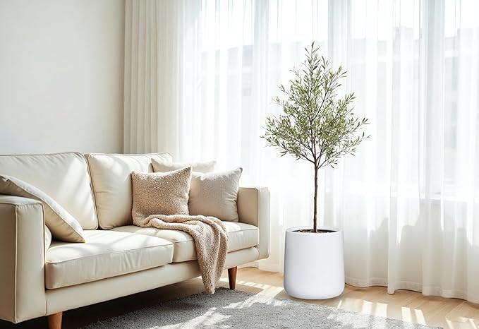 15.3"H x 15"D Conico Fiberstone Round Planter - Christmas Tree Planter, Smooth Finishes, Weather Resistant for Indoor and Outdoor Use, Included 2 Extra Coco Mats (White, 11.7" Pot Opening)