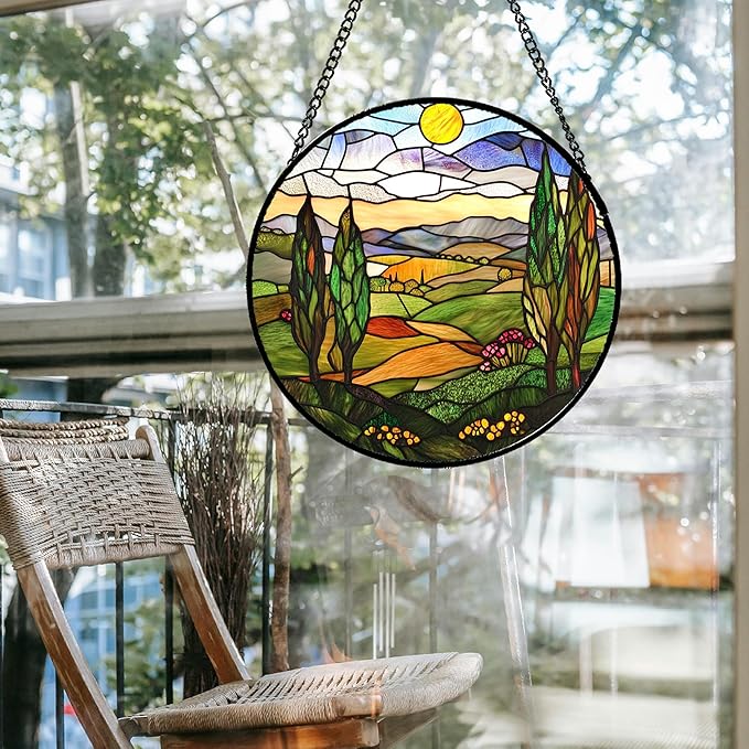 QZQCBLC Stained Glass Window Hanging Golden Sun Mountain Landscape 6.3" - Suncatcher Door Garden Sun Catcher Home Decor Birthday Christmas for Mom Men Woman Nana Friend