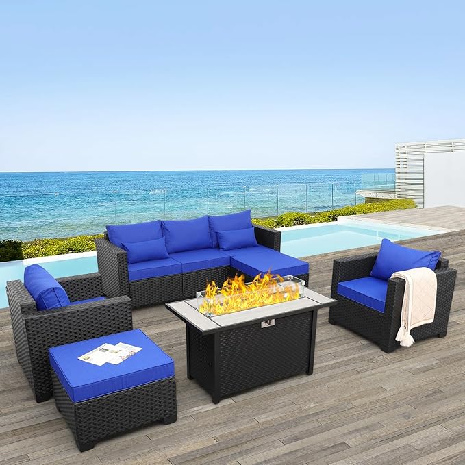 Rattaner Outdoor Patio Furniture 60000 BTU Outdoor Propane Fire Pit Table Patio Furniture Set 45" Outdoor Fire Pits 6 Pieces Patio Sofa Outdoor Chairs Anti-Slip Cushions Waterproof Covers, Royal Blue
