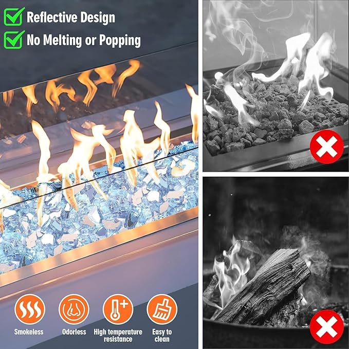 Mesida 1/4 Inch Reflective Fire Glass for Propane Fire Pit – 10 lb Tempered Glass Rocks for Gas Fireplace, Fire Bowl & Patio Landscape Decoration,Pacific Blue
