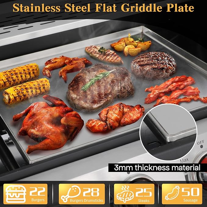 CIG GARDEN 4 Burner Gas Grill Combo with Side Burner, 3 in 1 Gas BBQ Grill with Charcoal Grill and Griddle, 52,000 Outdoor Barbecue Grill Perfect for Outdoor Cooking, Balcony, Backyard, Camping